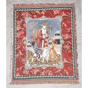 Merry Christmas Santa Claus With Children Woven Fringed Thrown 44x53 By Hallmark